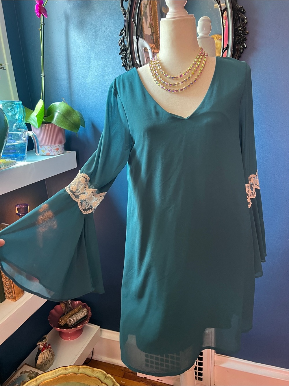 Maude and Cream Teal Super Bell Sleeve Boho Dress